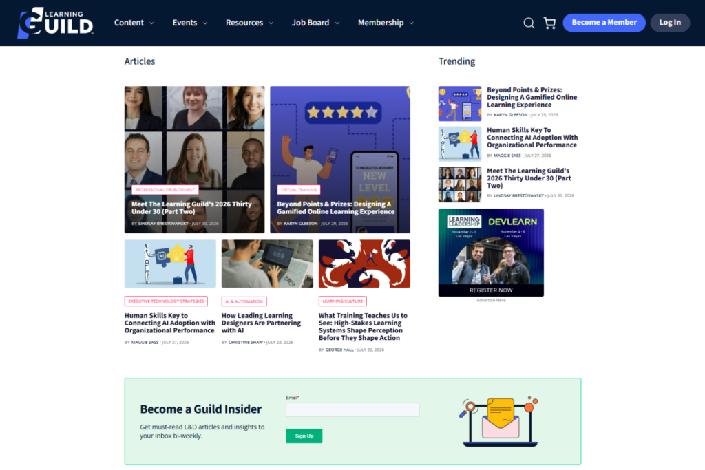 Learning Guild website with L&D articles and Guild Insider newsletter signup