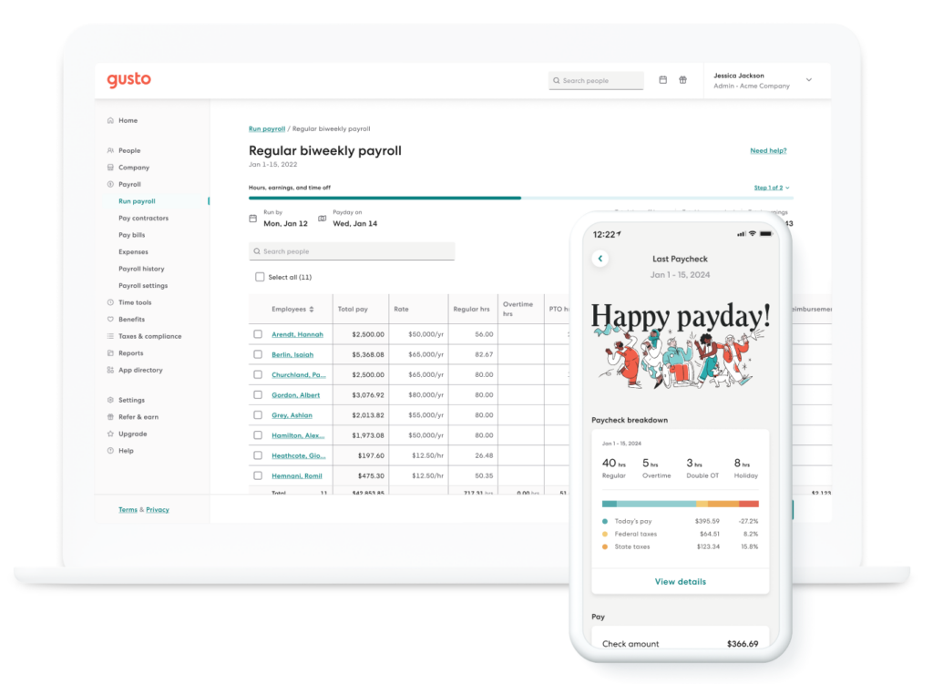 Gusto regular biweekly payroll screenshot