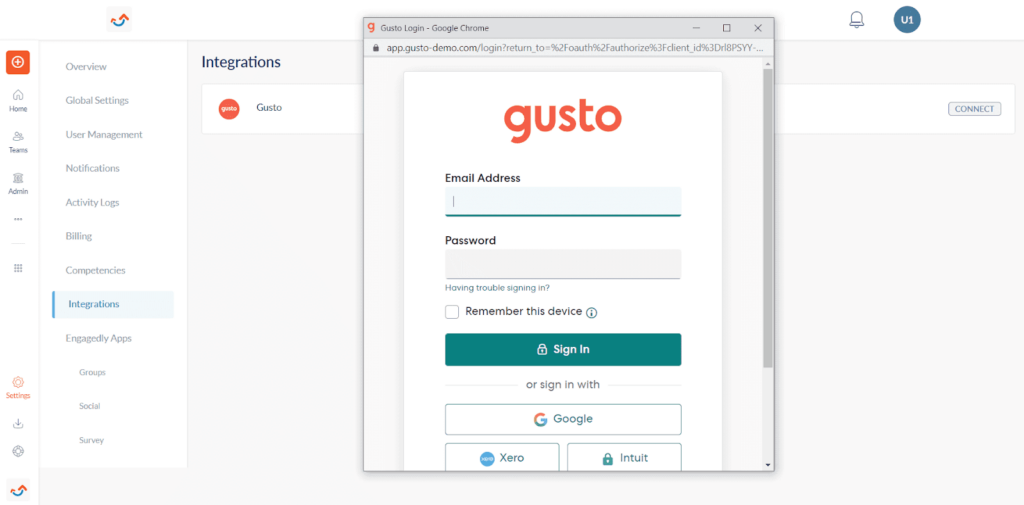 Gusto signup/sign in screenshot