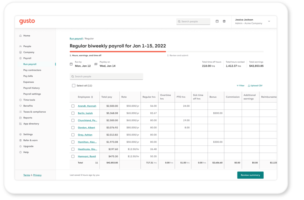 Gusto payroll reports screenshot