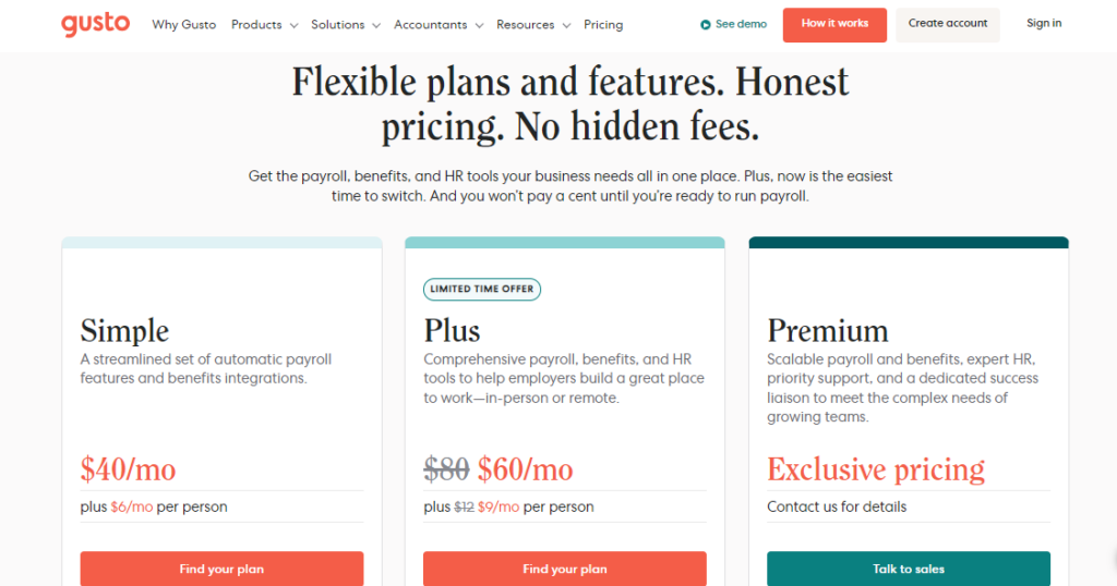 Gusto pricing tiers screenshot