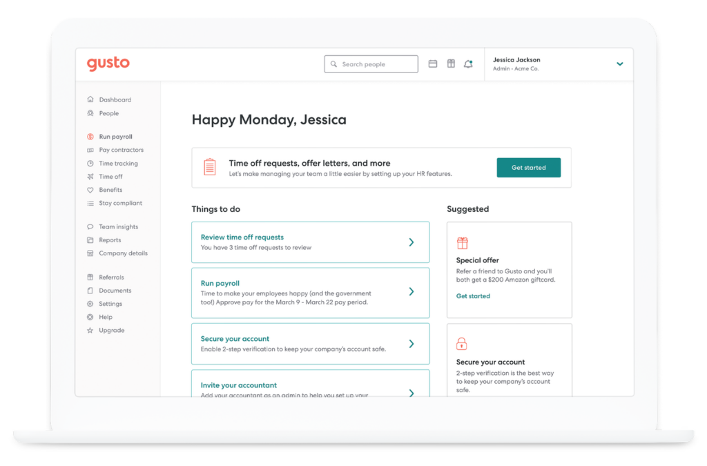 Gusto payroll processing features screenshot
