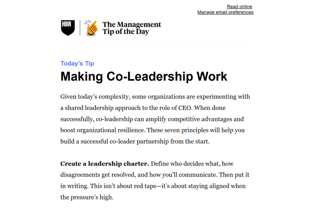 HBR Management Tip of the Day email featuring an article on co-leadership