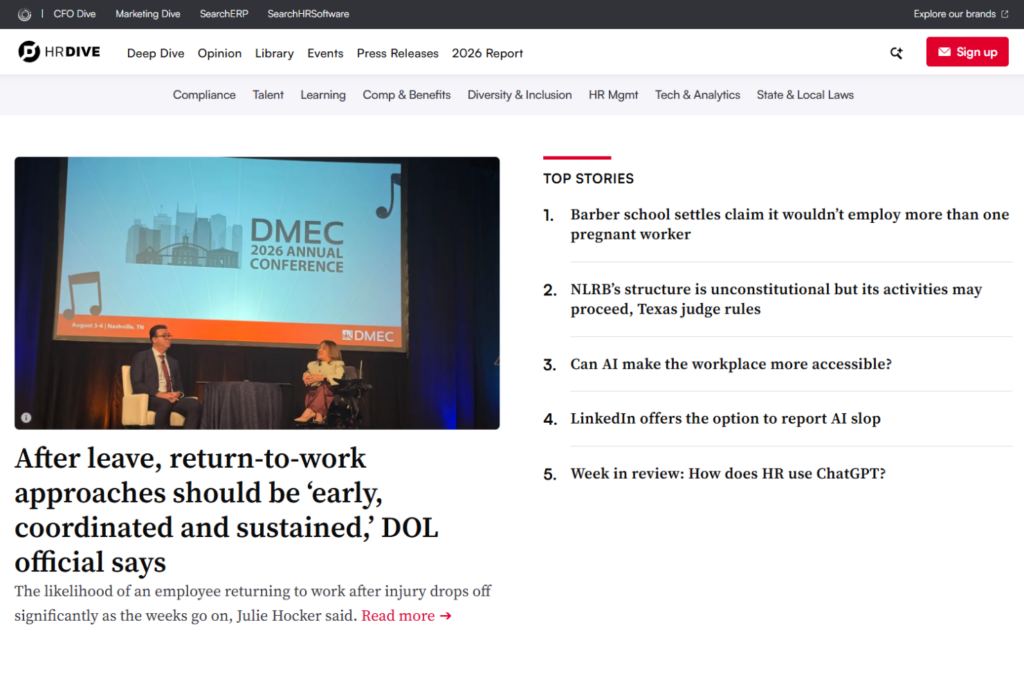 HR Dive homepage with featured articles and top stories across people management topics