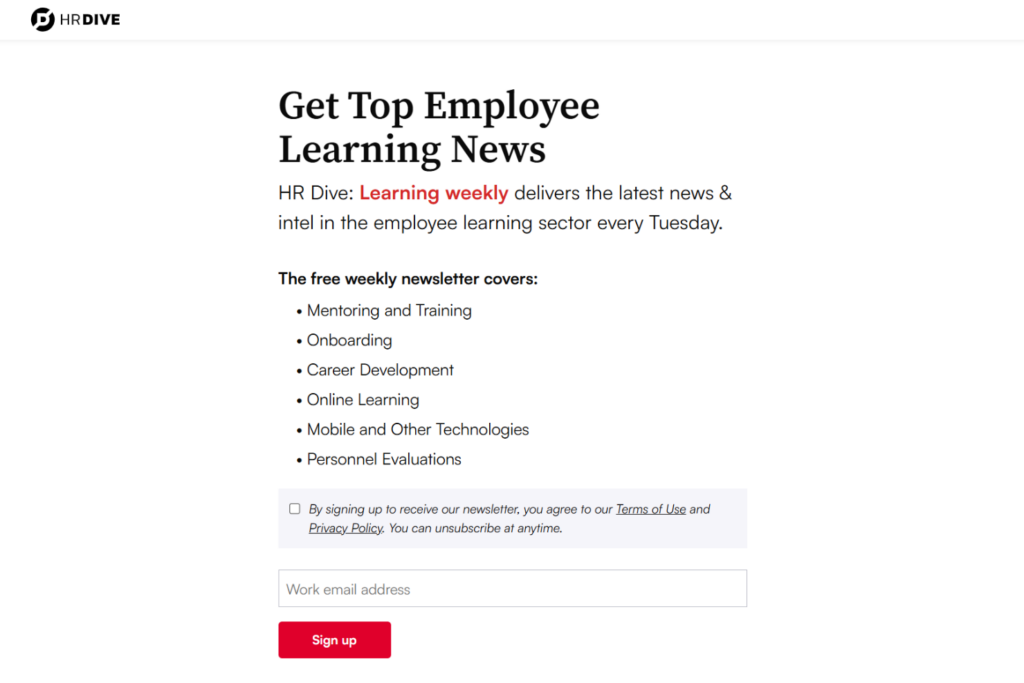 HR Dive Learning Weekly newsletter signup page