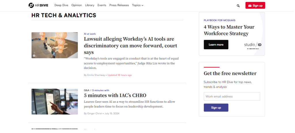 HR Dive Tech and Analytics newsletter homepage