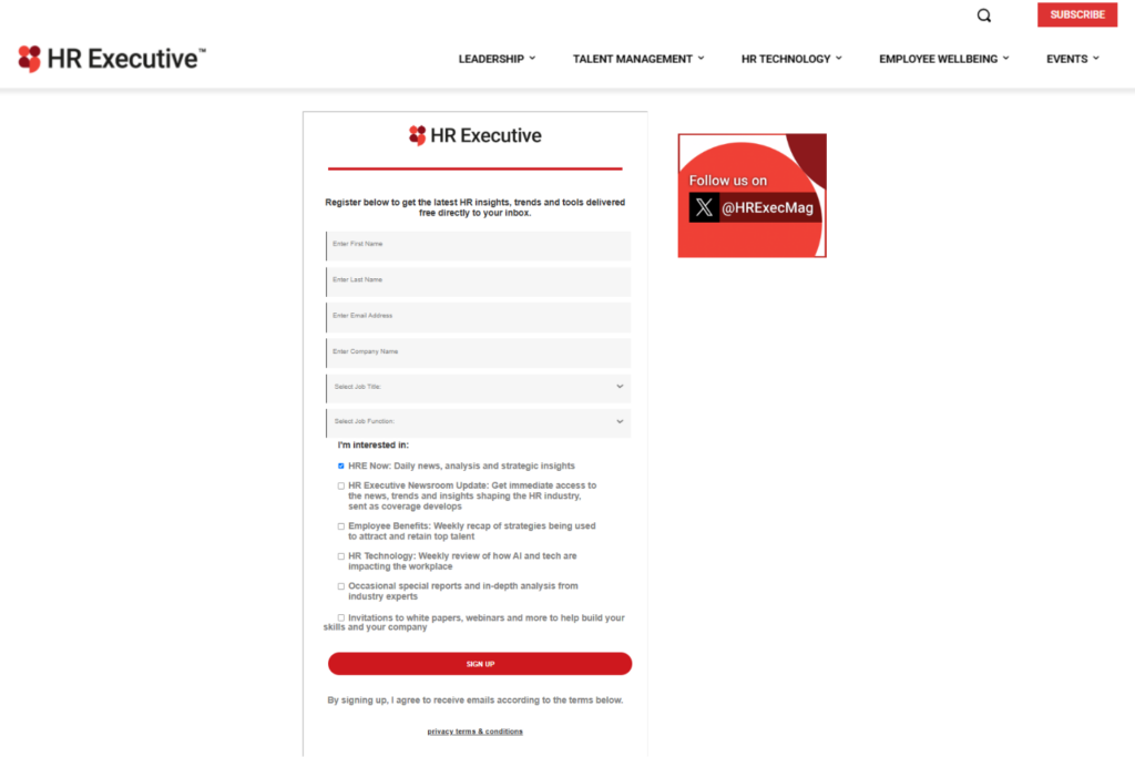 HR Executive newsletter sign-up page with subscription form and newsletter options