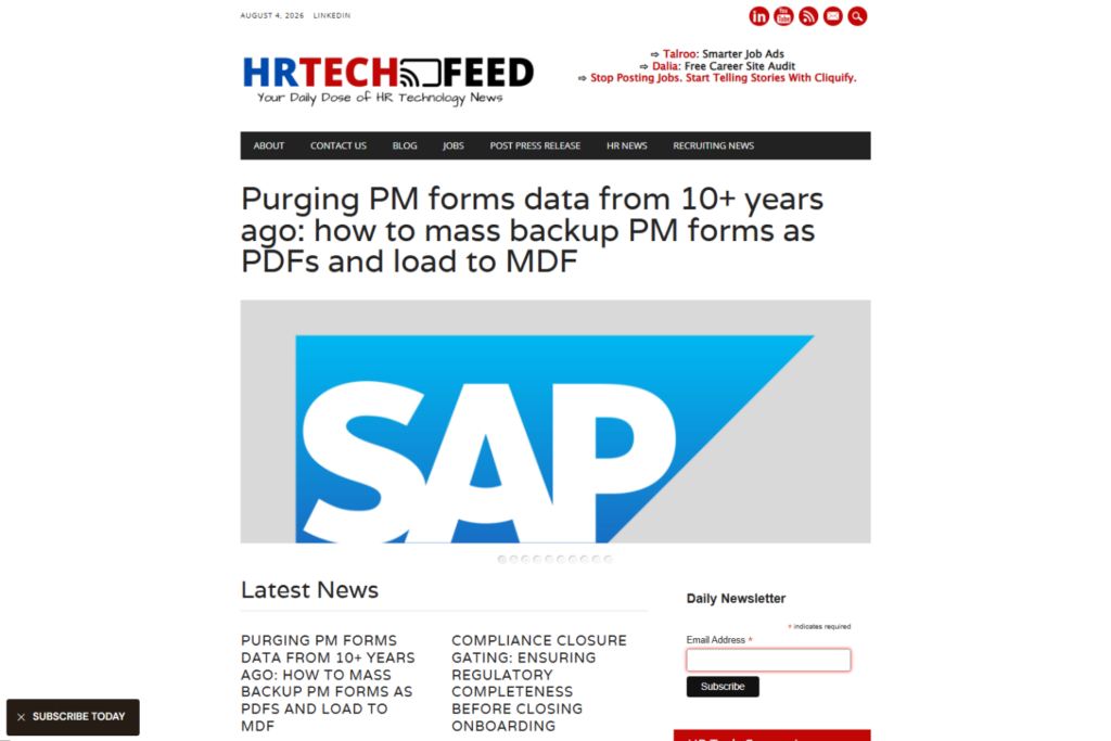HR Tech Feed homepage featuring HR technology headlines and newsletter sign-up