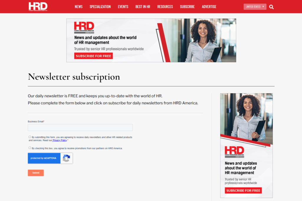 HRD America newsletter subscription page with email sign-up form