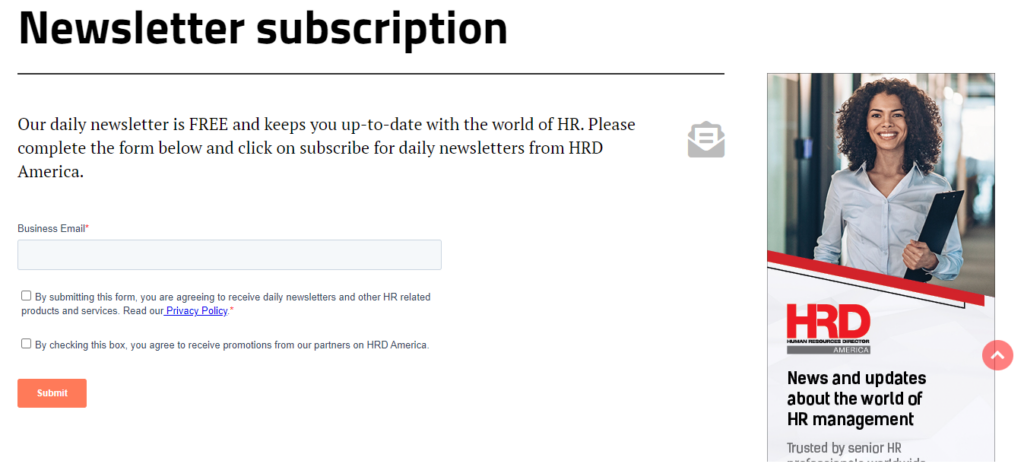 The HRD newsletter subscription page