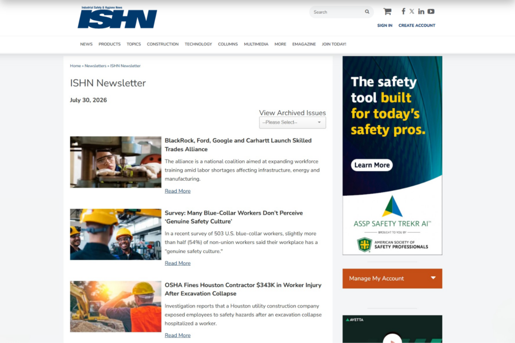 ISHN newsletter page featuring industrial safety headlines and archived issues