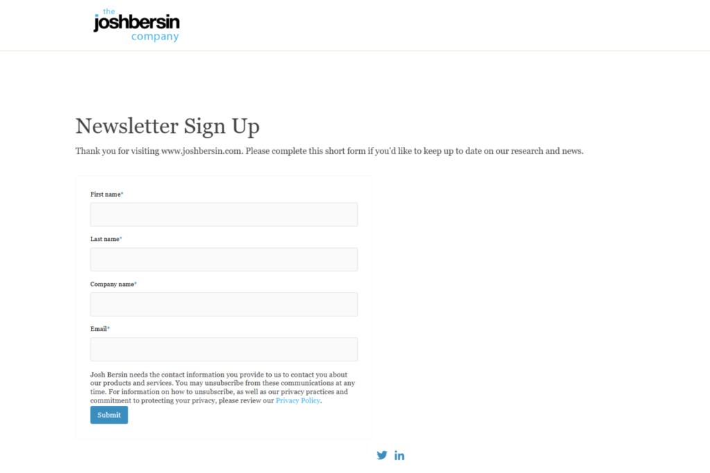 Josh Bersin Newsletter sign-up page with subscription form for research and news updates