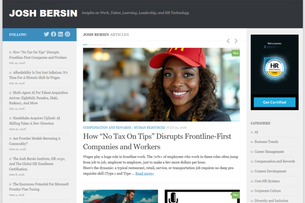 Josh Bersin website featuring HR, AI, and workplace insights