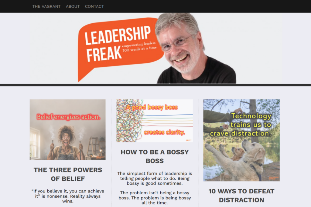 Leadership Freak homepage featuring short articles on leadership and management