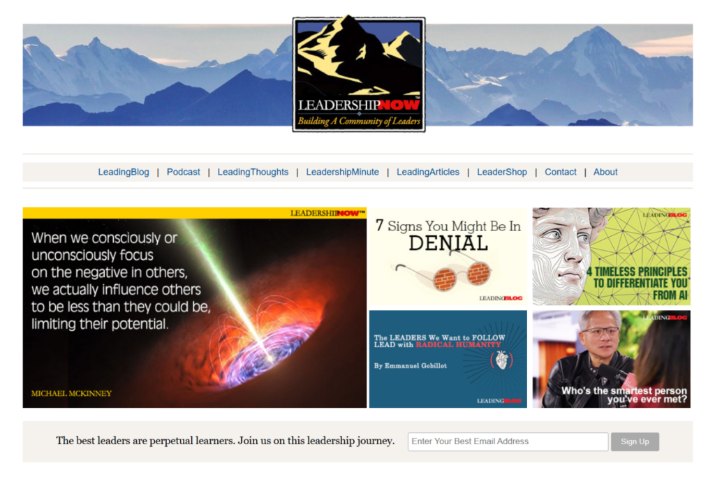 Leadership Now homepage featuring leadership articles, books, and newsletter signup