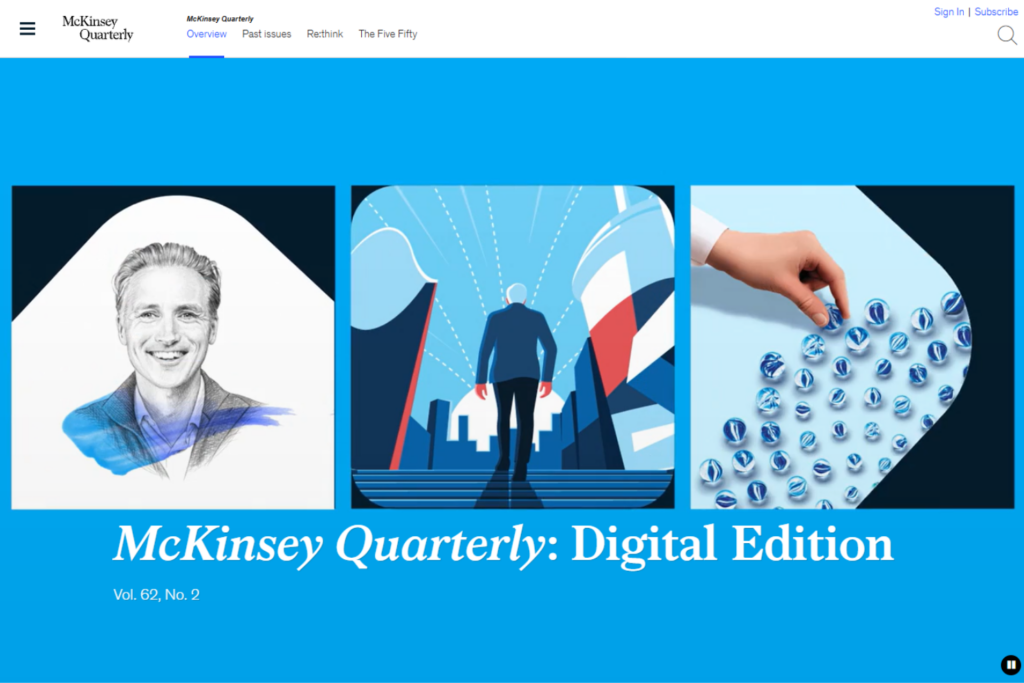 McKinsey Quarterly digital edition homepage featuring featured business articles