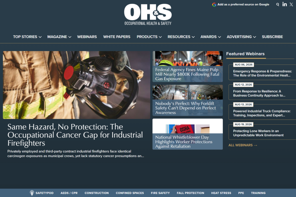 OH&amp;S homepage with workplace safety headlines, webinars, and newsletter access