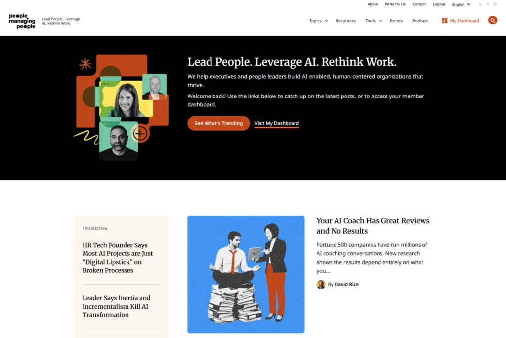PMP member dashboard with featured leadership articles and AI workplace content