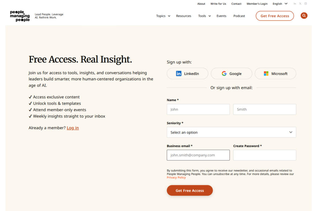 PMP free account signup page for weekly leadership insights