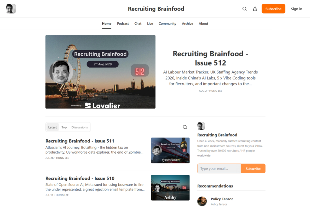 Recruiting Brainfood homepage featuring recent newsletter issues and subscription section