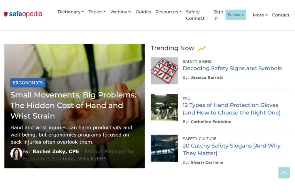 Safeopedia homepage featuring workplace safety articles and educational resources