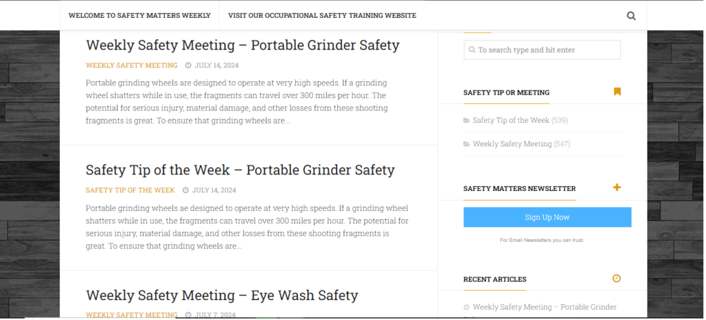 Safety Matters Weekly newsletter homepage