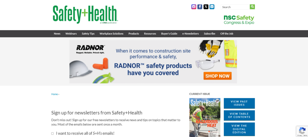 Safety+Health newsletter subscription page