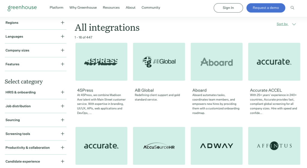 Greenhouse integrations web page