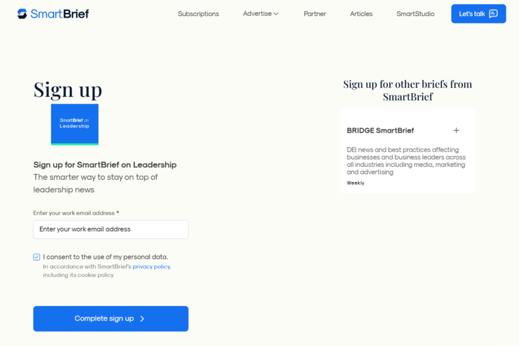 SmartBrief on Leadership newsletter signup page