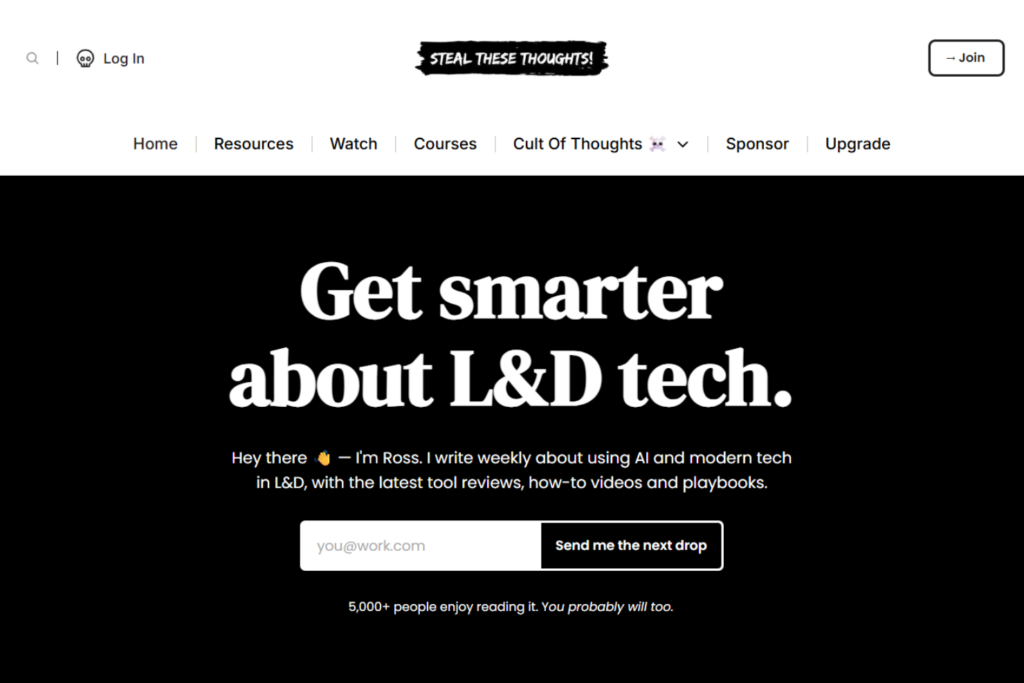 Steal These Thoughts! Newsletter signup page about AI and L&D technology