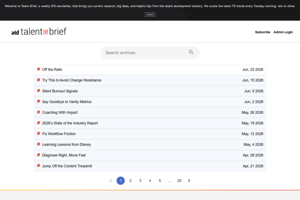 Talent Brief newsletter archive with recent learning and talent articles