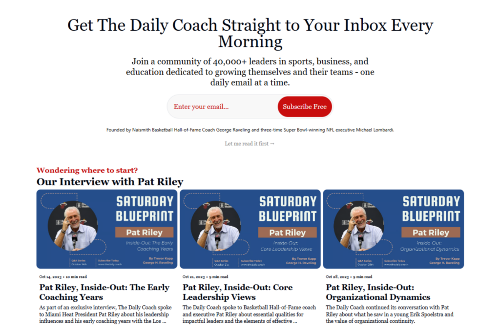 The Daily Coach newsletter signup page with featured leadership articles
