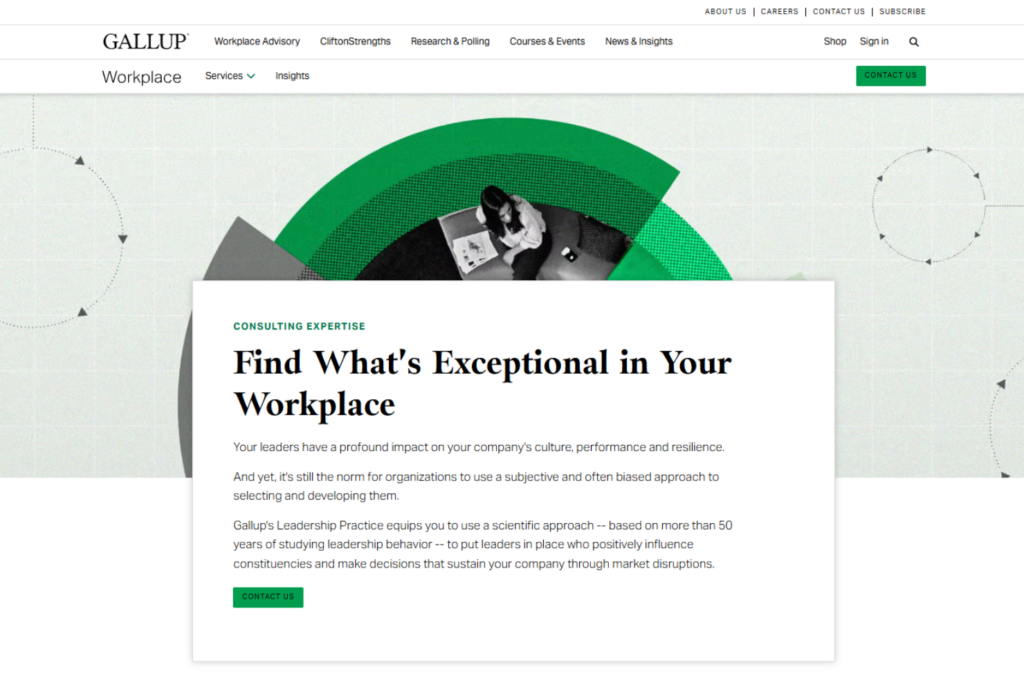 Gallup Workplace webpage highlighting leadership consulting and workplace research