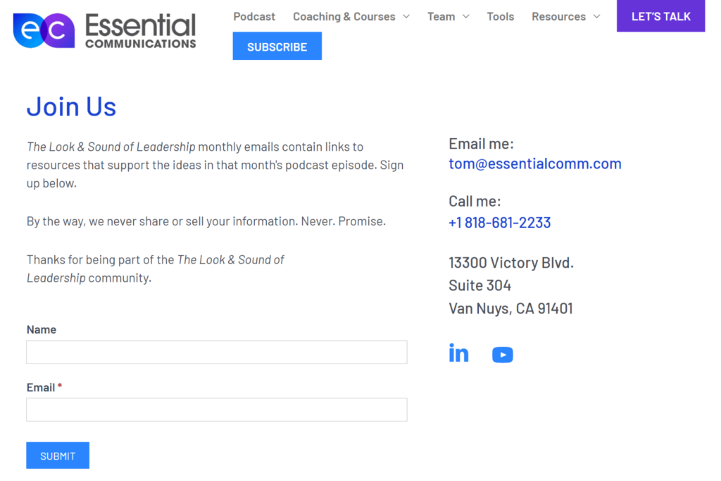 The Look & Sound of Leadership newsletter signup page