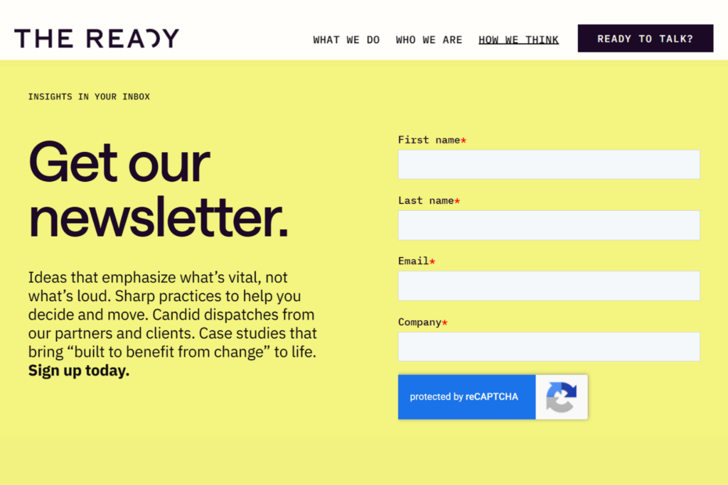 The Ready newsletter signup page for leadership and organizational change insights