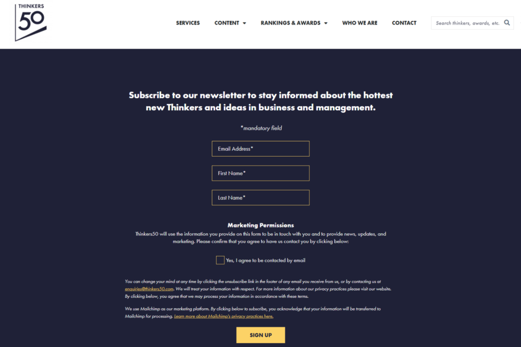 Thinkers50 newsletter signup page for management and leadership insights