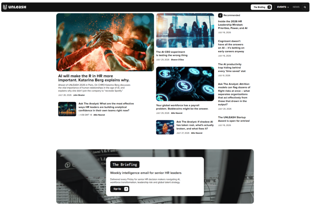 UNLEASH website featuring articles and resources on HR technology and the future of work