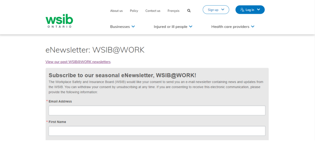 WSIB newsletter subscription page