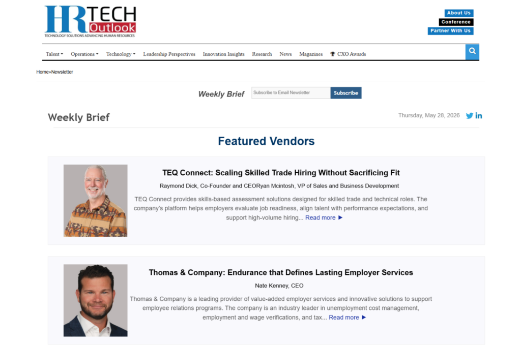 HR Tech Outlook Weekly Brief page featuring vendor stories and newsletter subscription