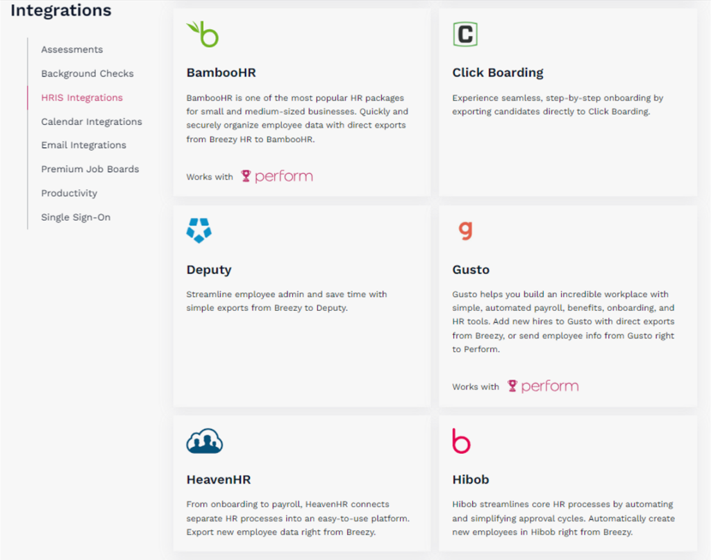 breezy integration capabilities screenshot