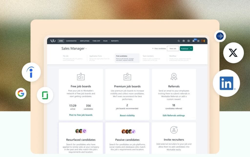 A screenshot of Workable's UI for posting job openings across multiple boards