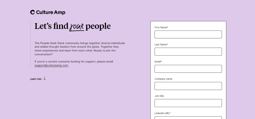 The website landing page of The Culture Amp, an HR community