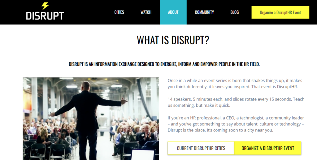 Website screenshot of DisruptHR, an HR community