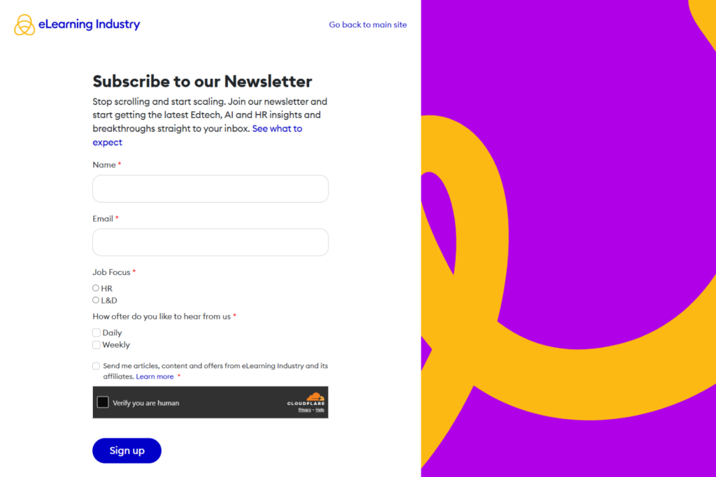 eLearning Industry newsletter signup page for EdTech, AI, and HR updates