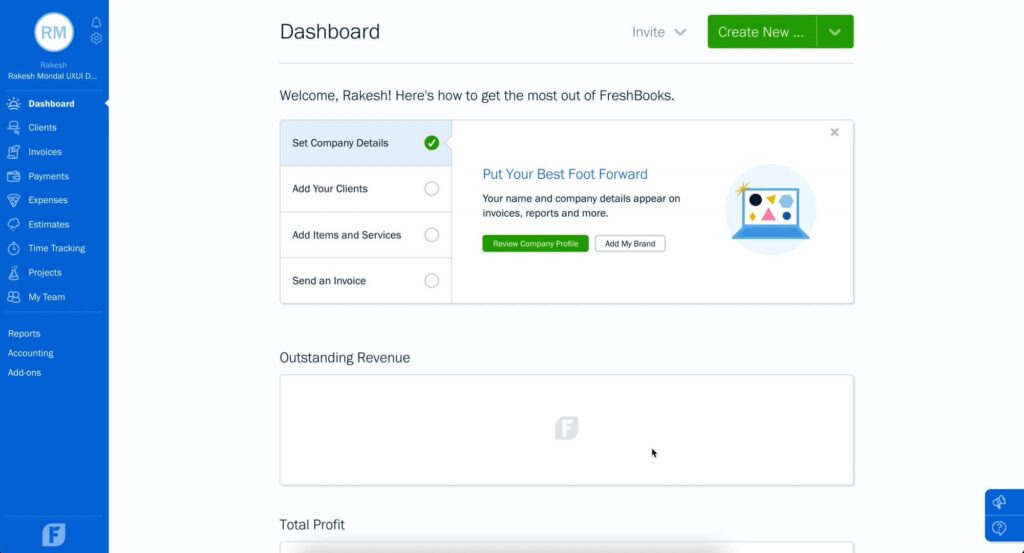 freshbooks dashboard screenshot