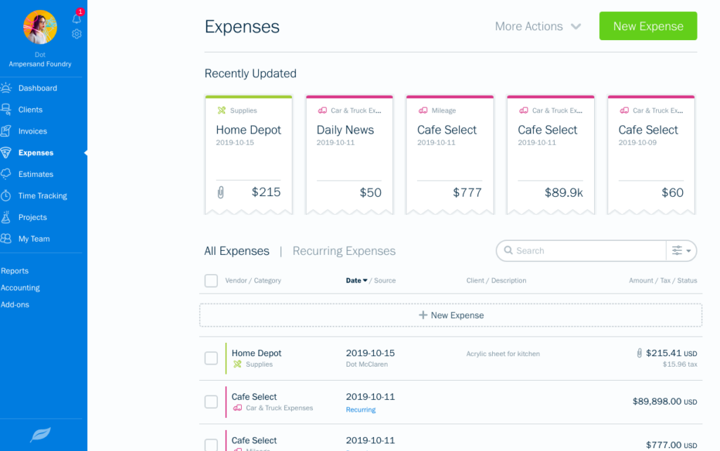 freshbooks expenses tracking screenshot