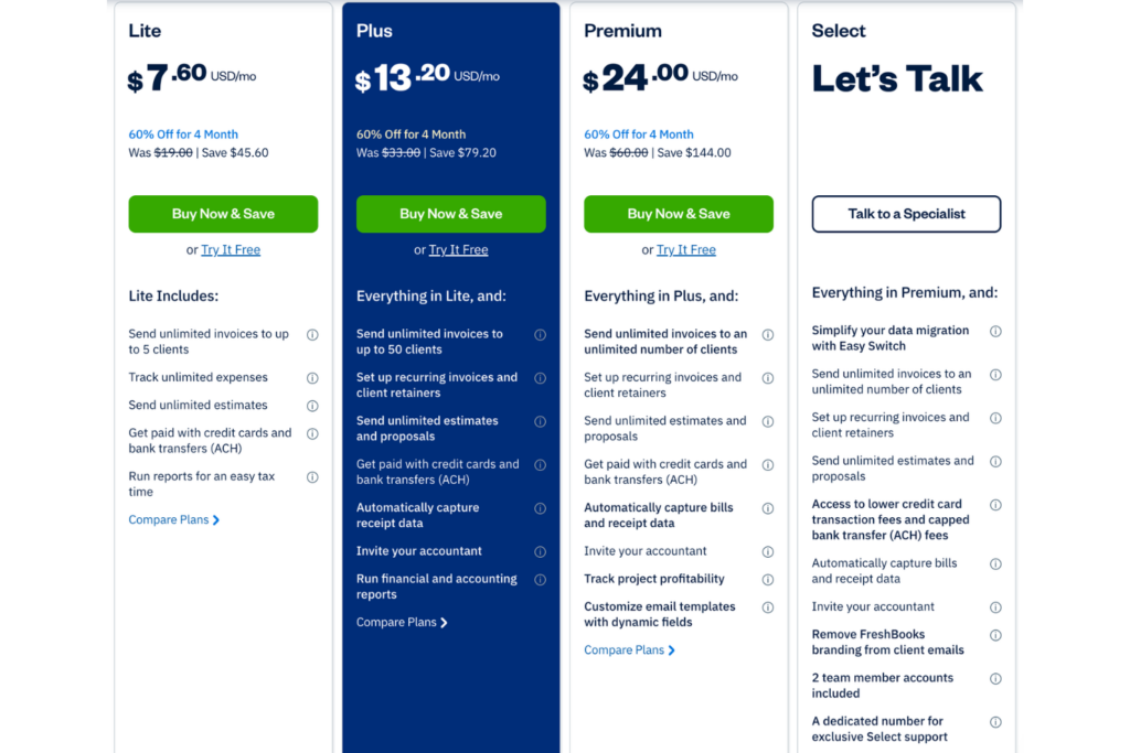freshbooks pricing screenshot