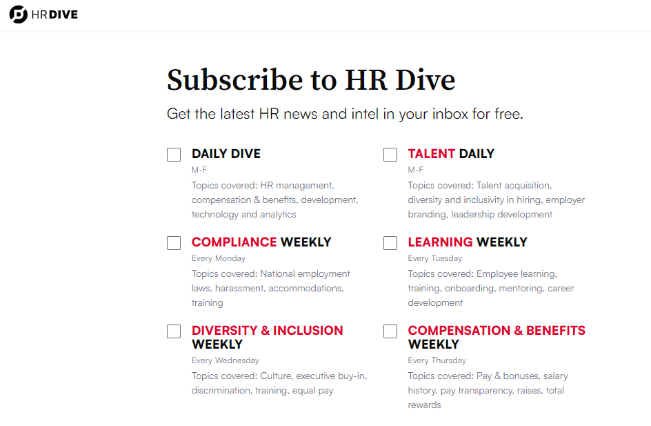HR Dive newsletter subscription page