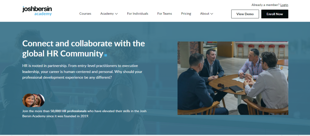 Website screenshot of Josh Bersin Academy, an HR community
