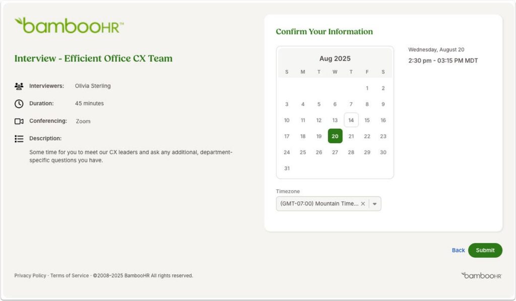 Candidate self-scheduling feature in BambooHR ATS